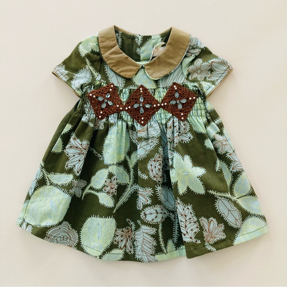 Trish Scully Baby Girl 6 Months Green Smocked Dress Bead Crochet
